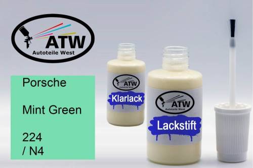 Porsche, Mint Green, 224 / N4: 20ml Lackstift + 20ml Klarlack - Set, von ATW Autoteile West.